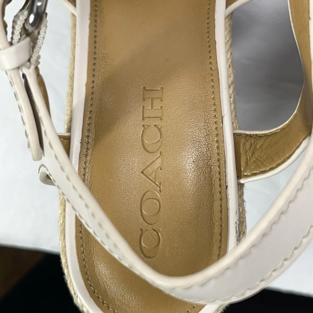 Coach Womens Eaton Chalk Ivory Leather Denim Wedge Platform Sandals Charm 9